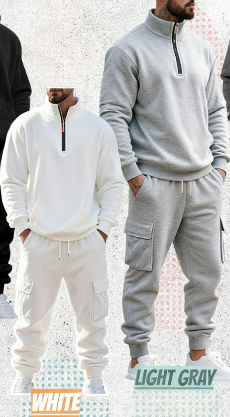 🚀New Arrival 🎃 Men's Casual Fleece Lined Zipper Work Pants Set, Thick Fabric Warm Long Trousers for Fall & Winter