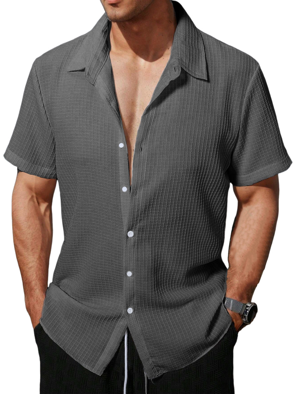 Men's Hawaiian Lapel Waffle Short Sleeve Shirt
