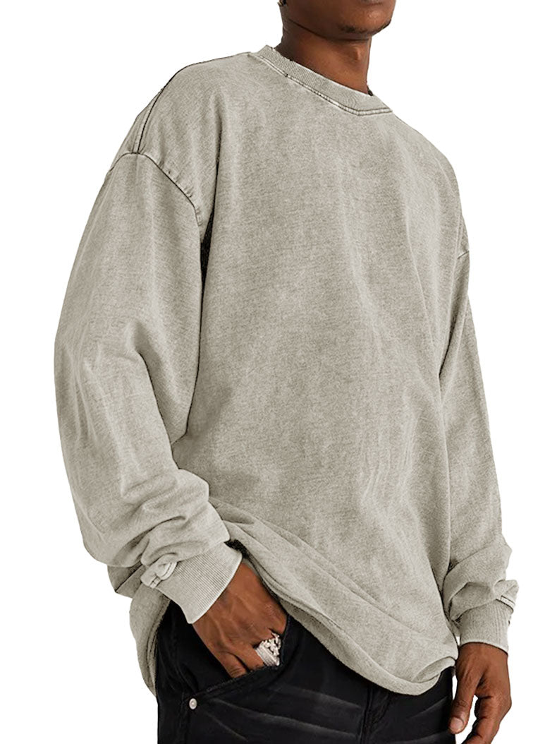 Men's Fashion Vintage Washed Cotton Round Neck Long Sleeve T-Shirt
