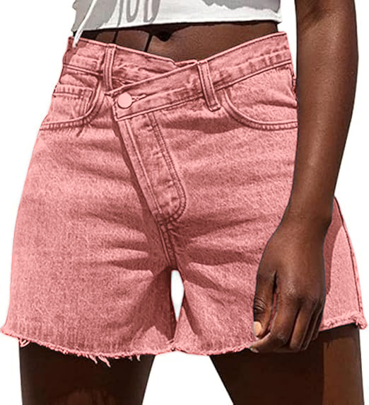 Womens High Waisted Vintage Crossover Denim Shorts with Stretch