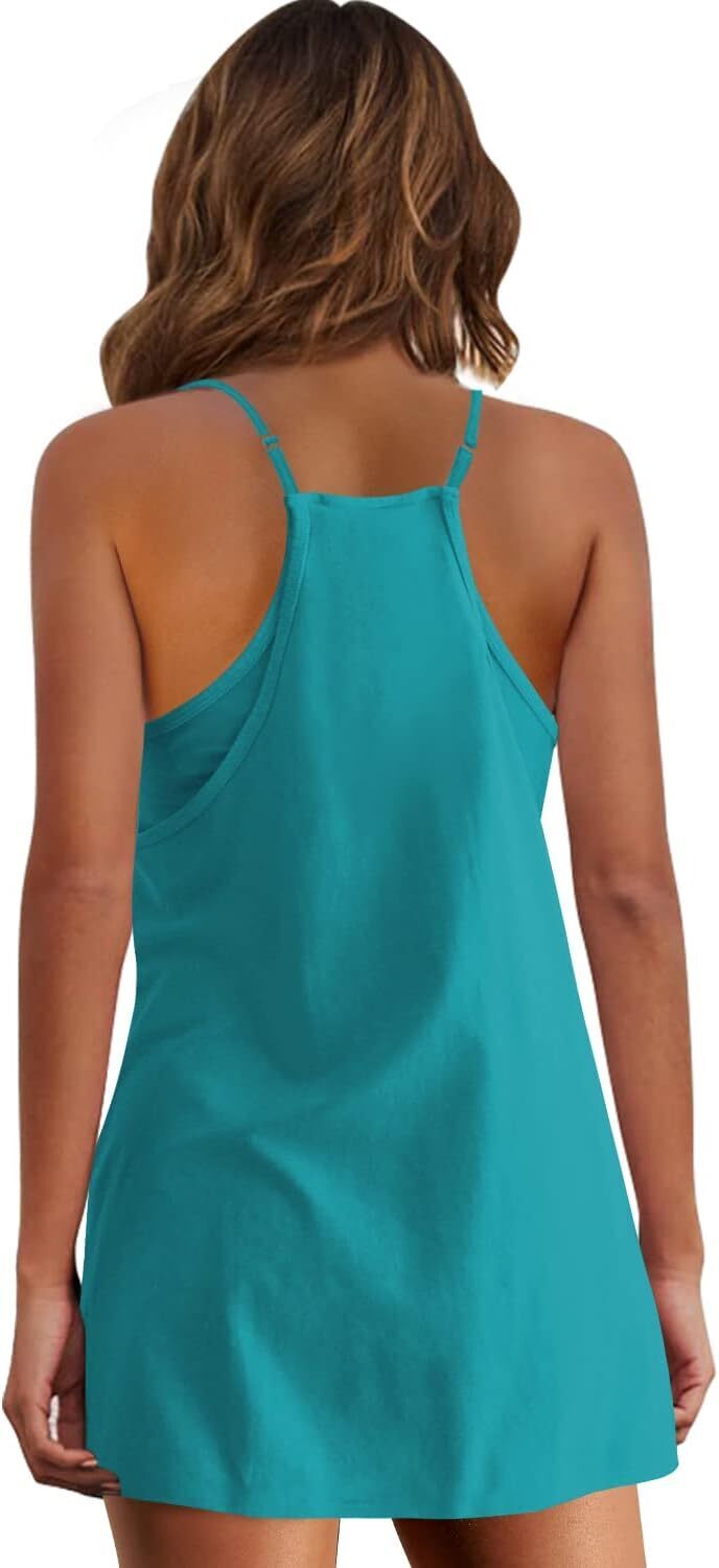 Special Sale🩷Womens Summer Sleeveless Mini Dress V Neck Spaghetti Strap Sundress Athletic Short Dress with Pockets-Easy Peezy