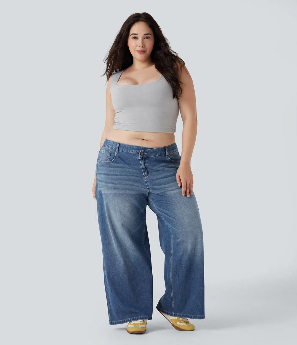 Asymmetric Low Rise Zipper Pockets Baggy Wide Leg Washed Casual Jeans