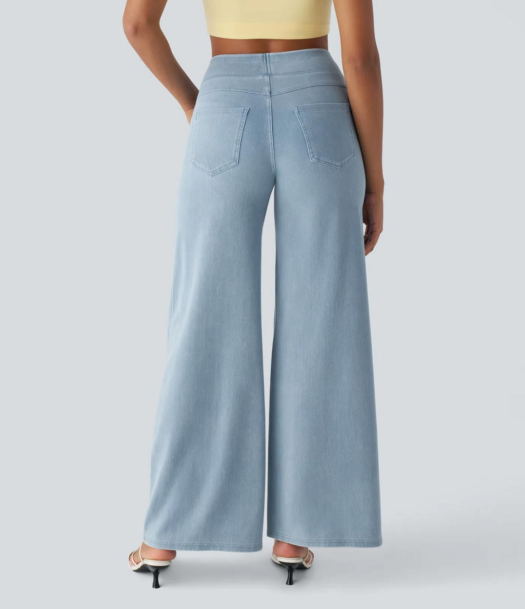 FINAL SALE⚡High Waisted Multiple Pockets Baggy Wide Leg Washed Stretchy Knit Casual Jeans