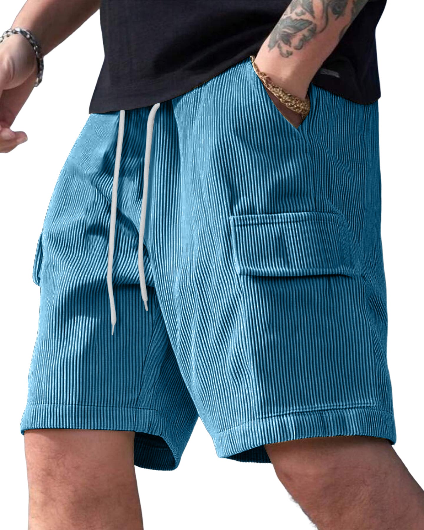 Men's Corduroy Multi-Pocket Summer Elastic Waist Casual Shorts