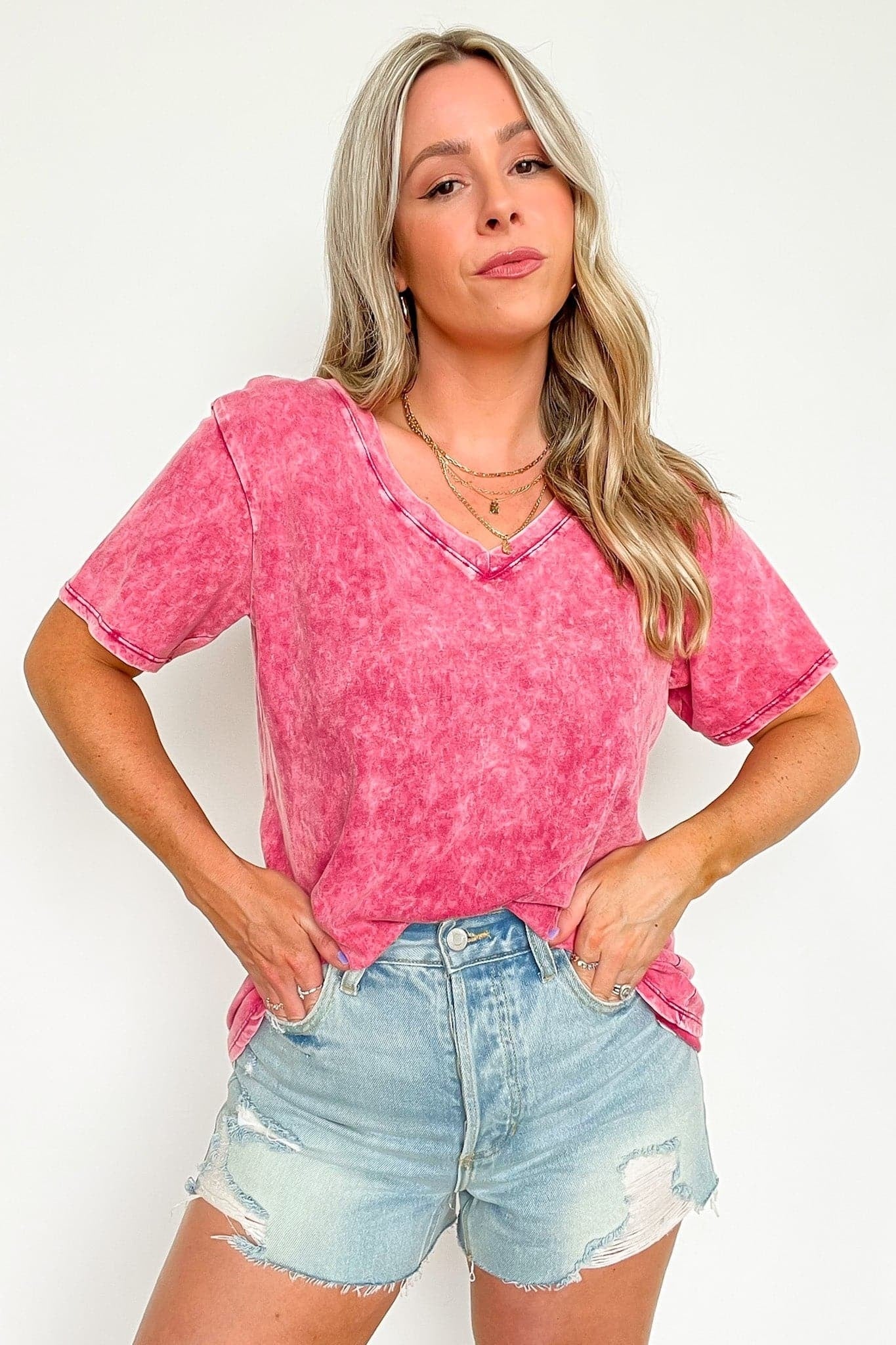 Soliel Acid Wash V-Neck Relaxed Fit Top - BACK IN STOCK