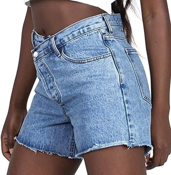 Womens High Waisted Vintage Crossover Denim Shorts with Stretch