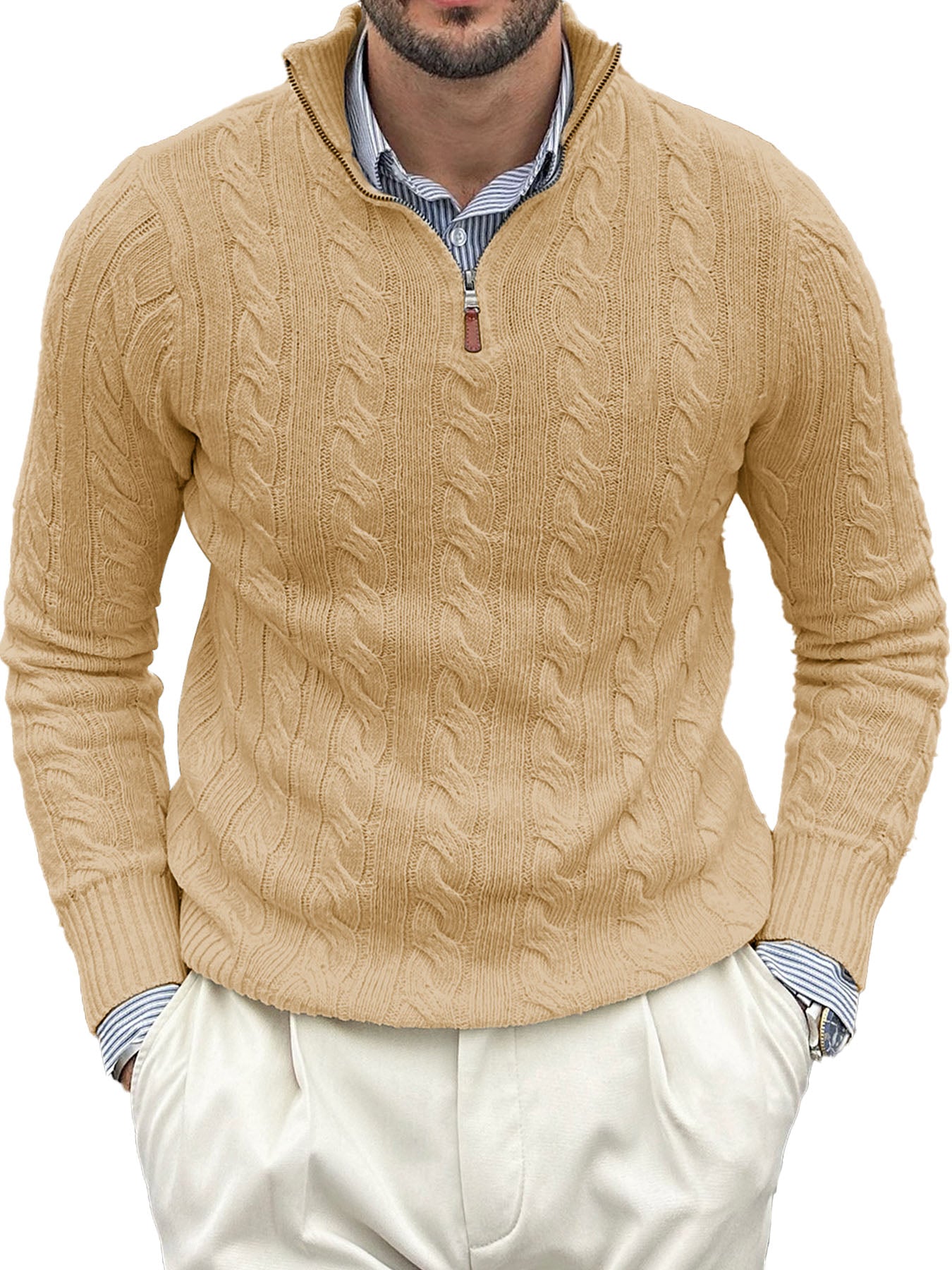 Men's Fashion Casual Stand Collar Twist Long Sleeve Zipper Sweater