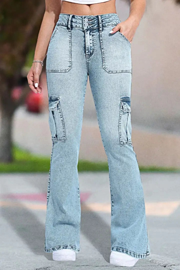⚡Last Chance Deal⚡- Multi Pocket Double Button Mid Rise Flare Cargo Jeans