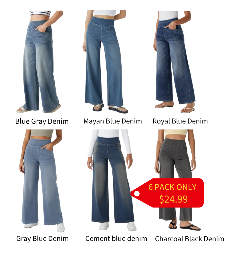 FINAL SALE⚡High Waisted Multiple Pockets Baggy Wide Leg Washed Stretchy Knit Casual Jeans