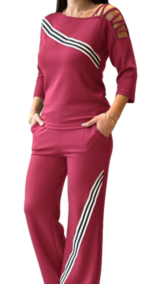 Women's Black Tracksuit with Shoulder Stripe and Ribbon Detail