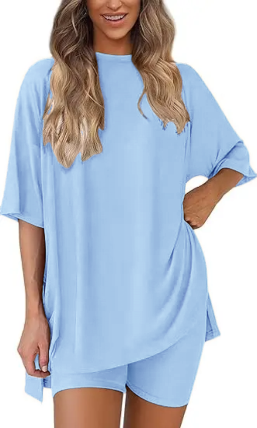 🔥Women's Two Piece Lounge Set 2025 Summer Casual Oversized Shirts Biker Shorts Matching Airport Travel Outfit