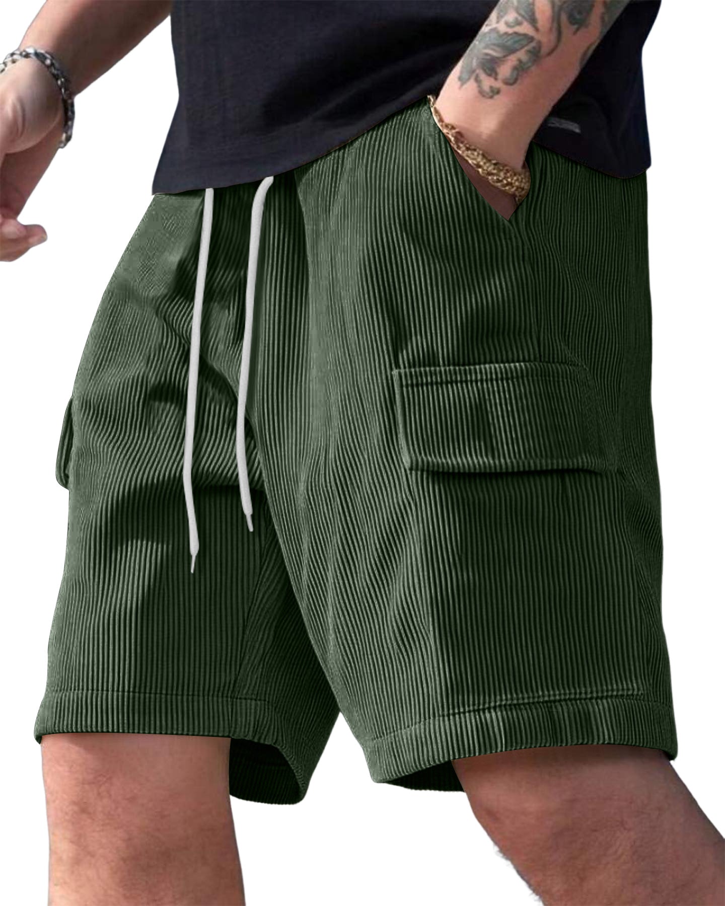 Men's Corduroy Multi-Pocket Summer Elastic Waist Casual Shorts