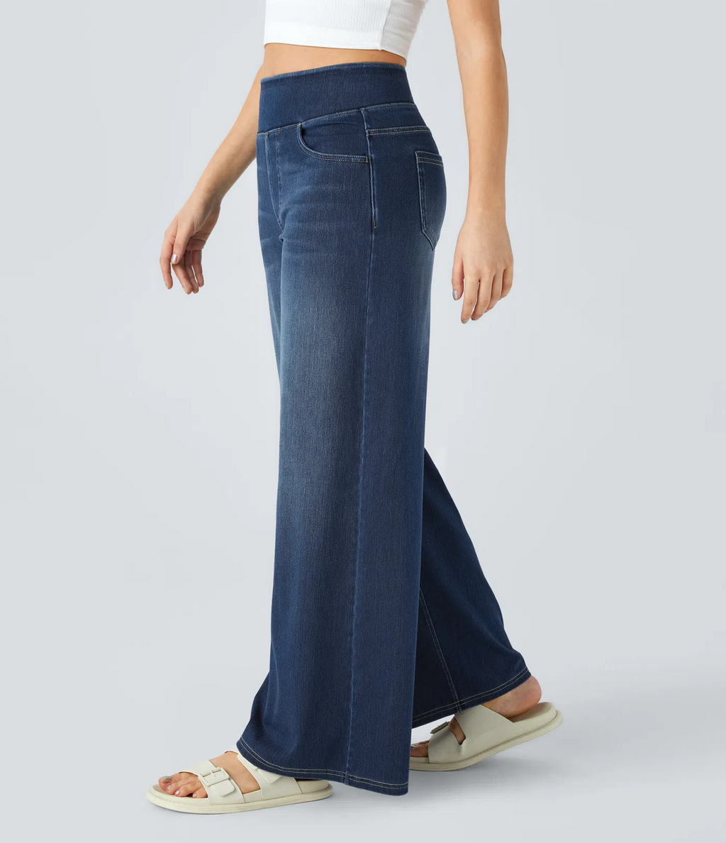 FINAL SALE⚡High Waisted Multiple Pockets Baggy Wide Leg Washed Stretchy Knit Casual Jeans