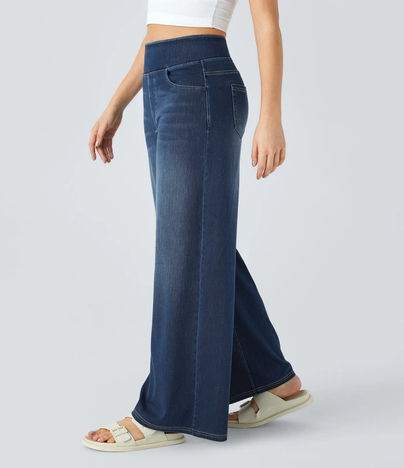 FINAL SALE⚡High Waisted Multiple Pockets Baggy Wide Leg Washed Stretchy Knit Casual Jeans
