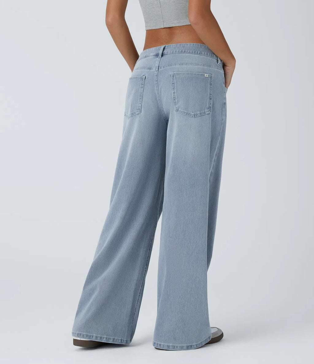 Asymmetric Low Rise Zipper Pockets Baggy Wide Leg Washed Casual Jeans