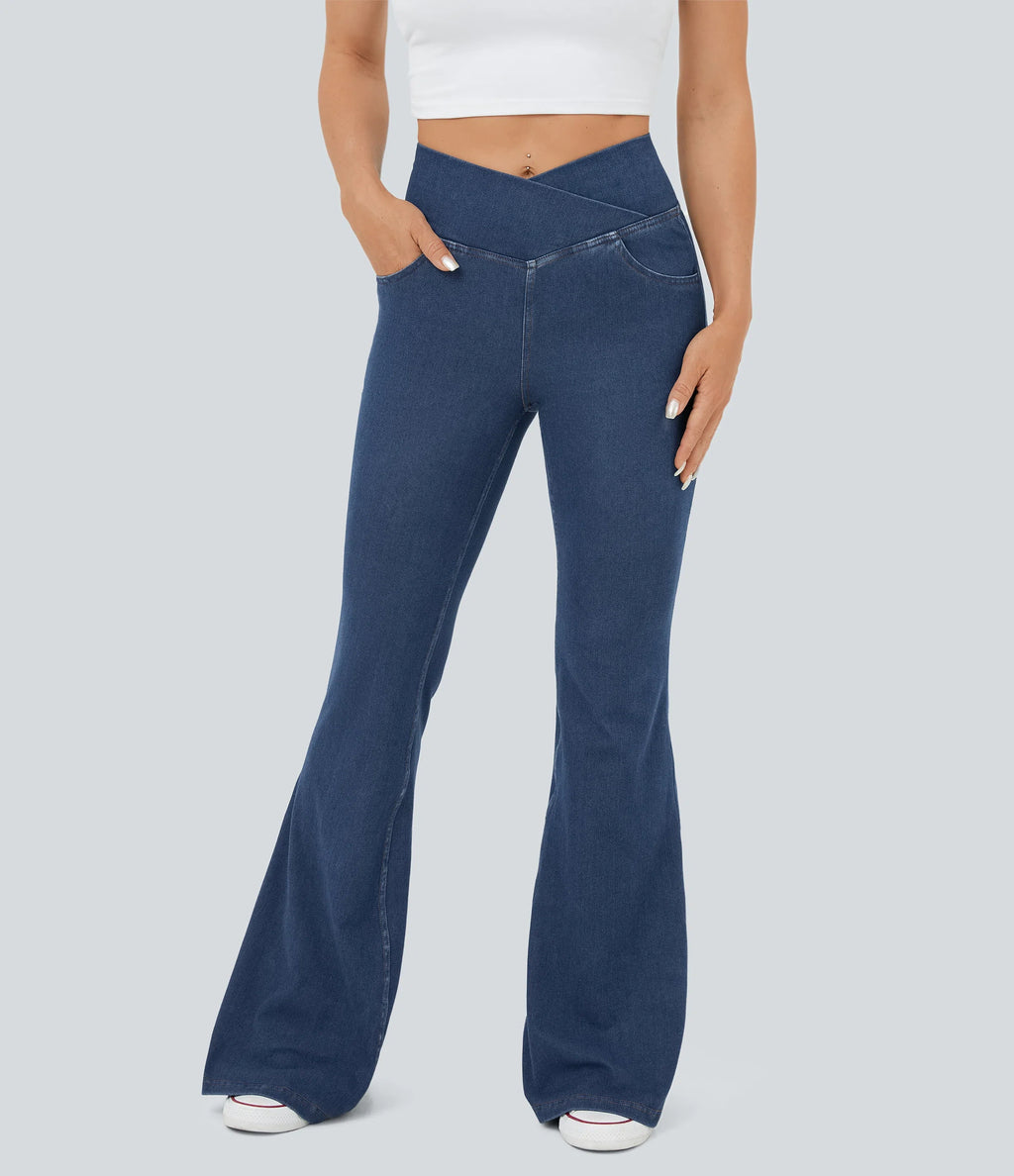High Waisted Crossover Pocket Washed Stretchy Knit Casual Super Flare Jeans