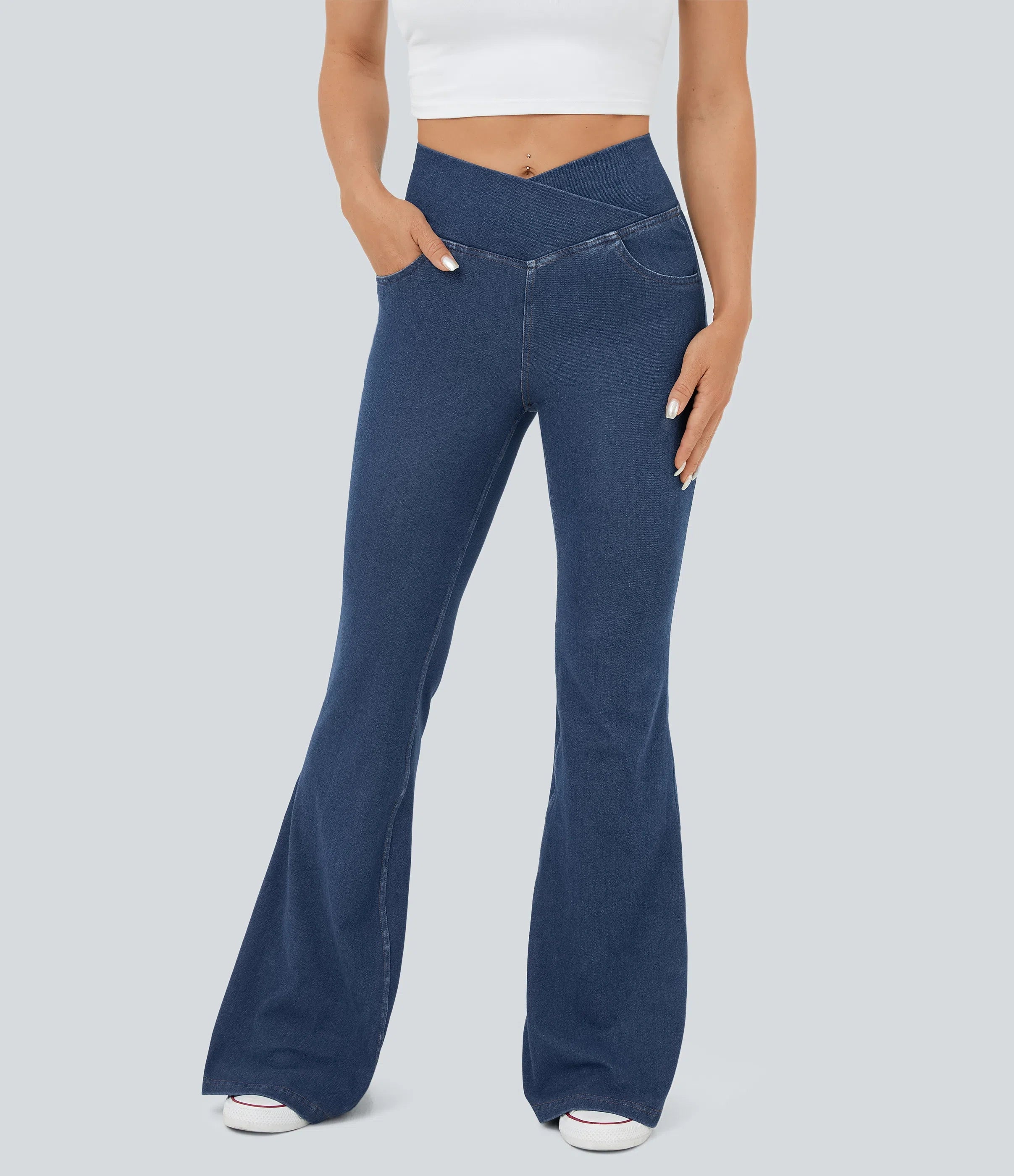 High Waisted Crossover Pocket Washed Stretchy Knit Casual Super Flare Jeans