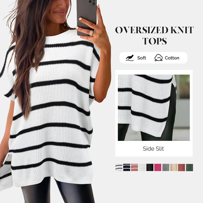 2025 Summer Women's Casual Crew Neck Drop Shoulder Loose Fit Short Sleeve Knit Pullover