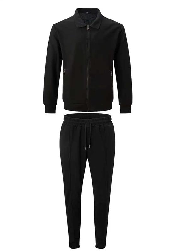 Sporty Two-piece Set Men's Plain Zip Up Jacket & Drawstring Waist Pants Tracksuit Set