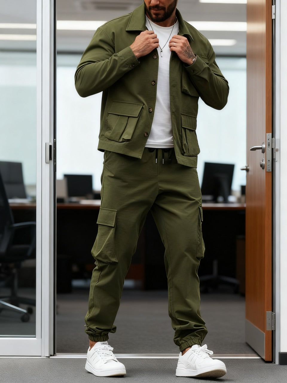 💥Clearance sale! Men's Solid Color Pocket Button Front Shirt & Pants Two-Piece Set, Casual Long Sleeve Collar Top & Trousers Set, Men's Spring & Fall Clothes