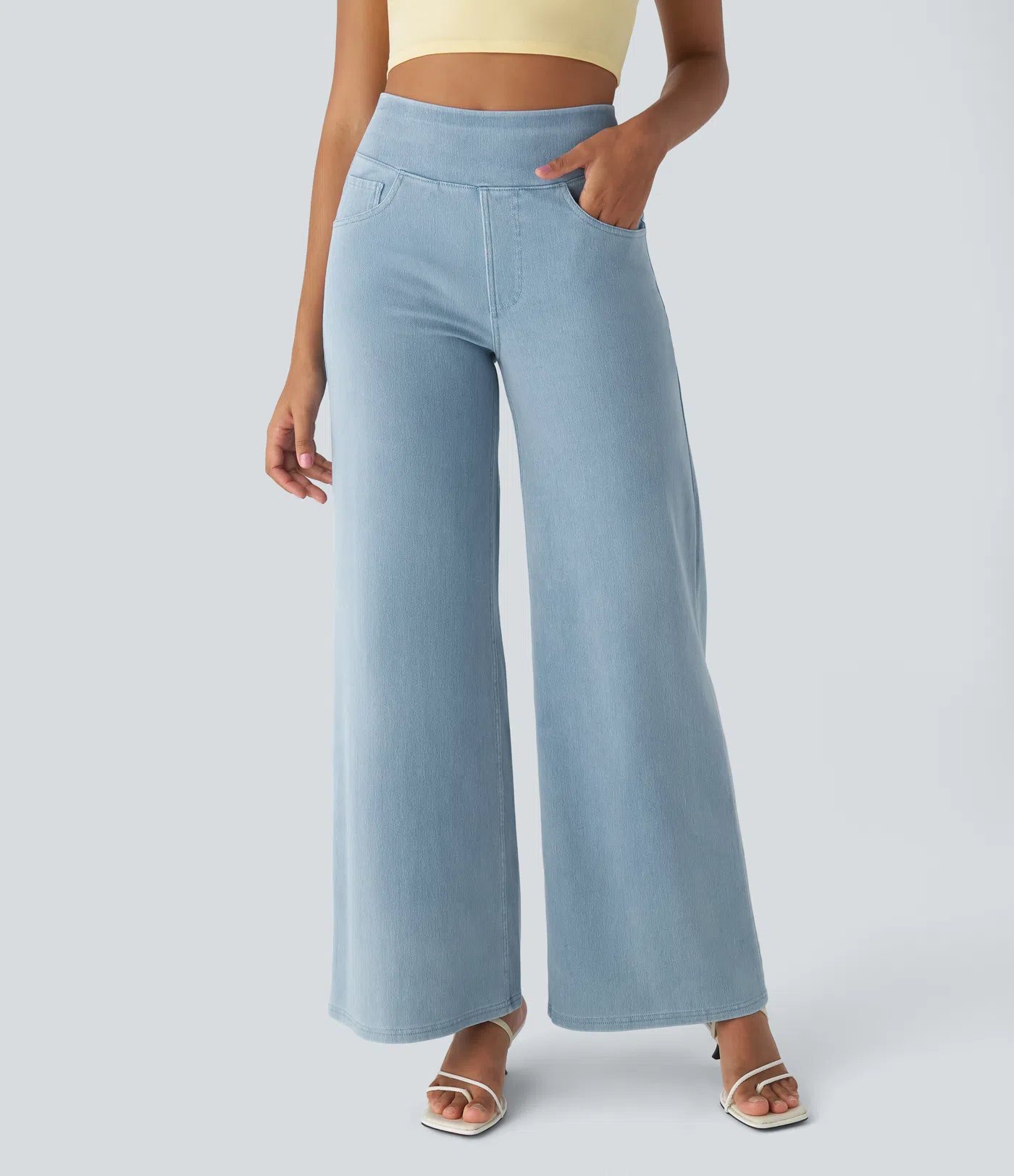 FINAL SALE⚡High Waisted Multiple Pockets Baggy Wide Leg Washed Stretchy Knit Casual Jeans