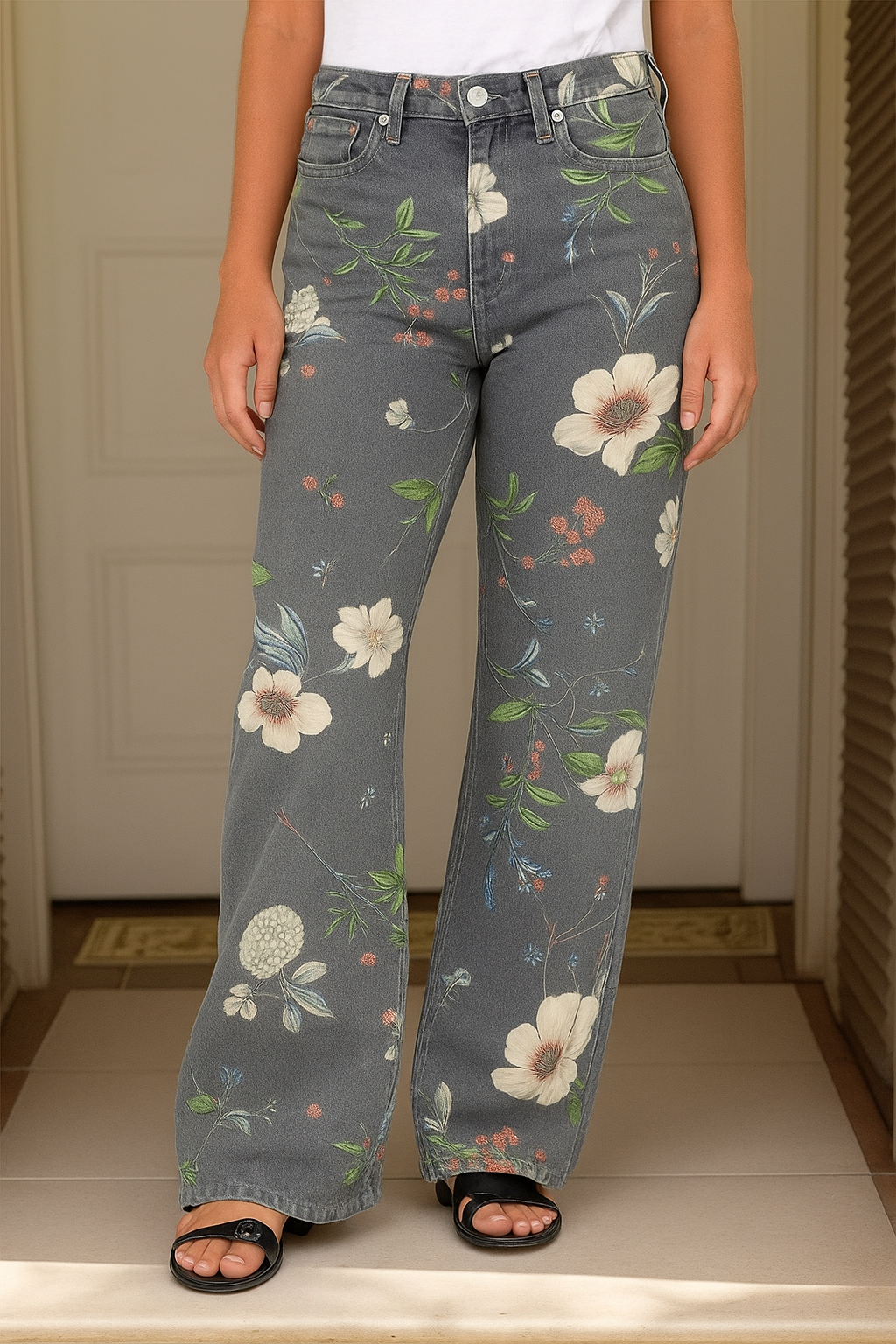 🔥Floral Pattern Wash High Waist Straight Leg Jeans