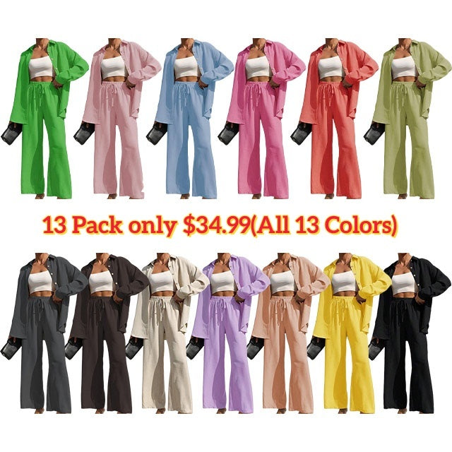 Women's Solid Button Front Shirt & Tie Front Wide Leg Pants Two-piece Set, Casual Loose Drop Shoulder Long Sleeve Top & Trousers for Spring & Fall