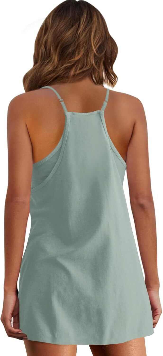 Womens Summer Sleeveless Mini Dress V Neck Spaghetti Strap Sundress Athletic Short Dress with Pockets