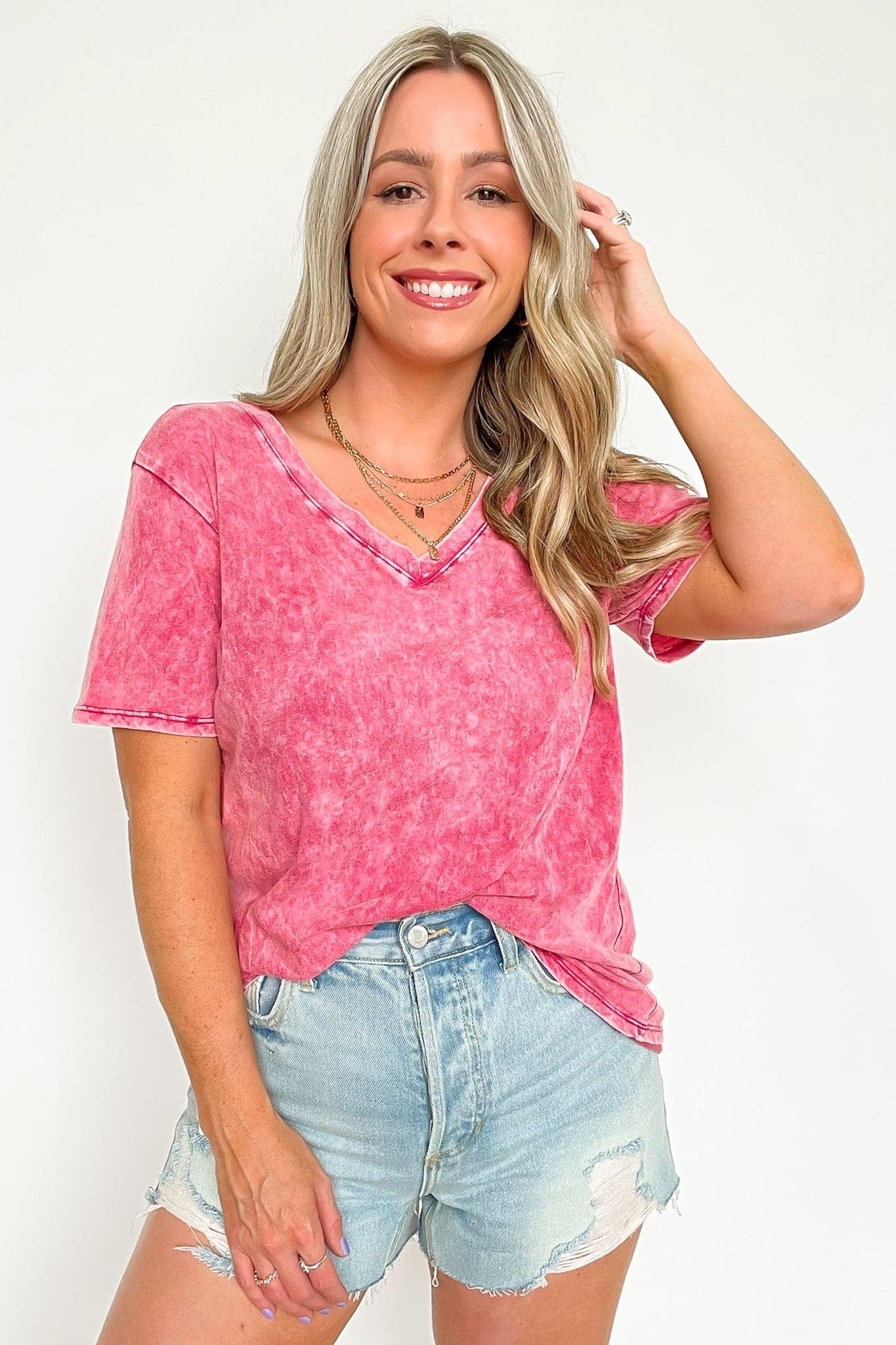 Soliel Acid Wash V-Neck Relaxed Fit Top - BACK IN STOCK