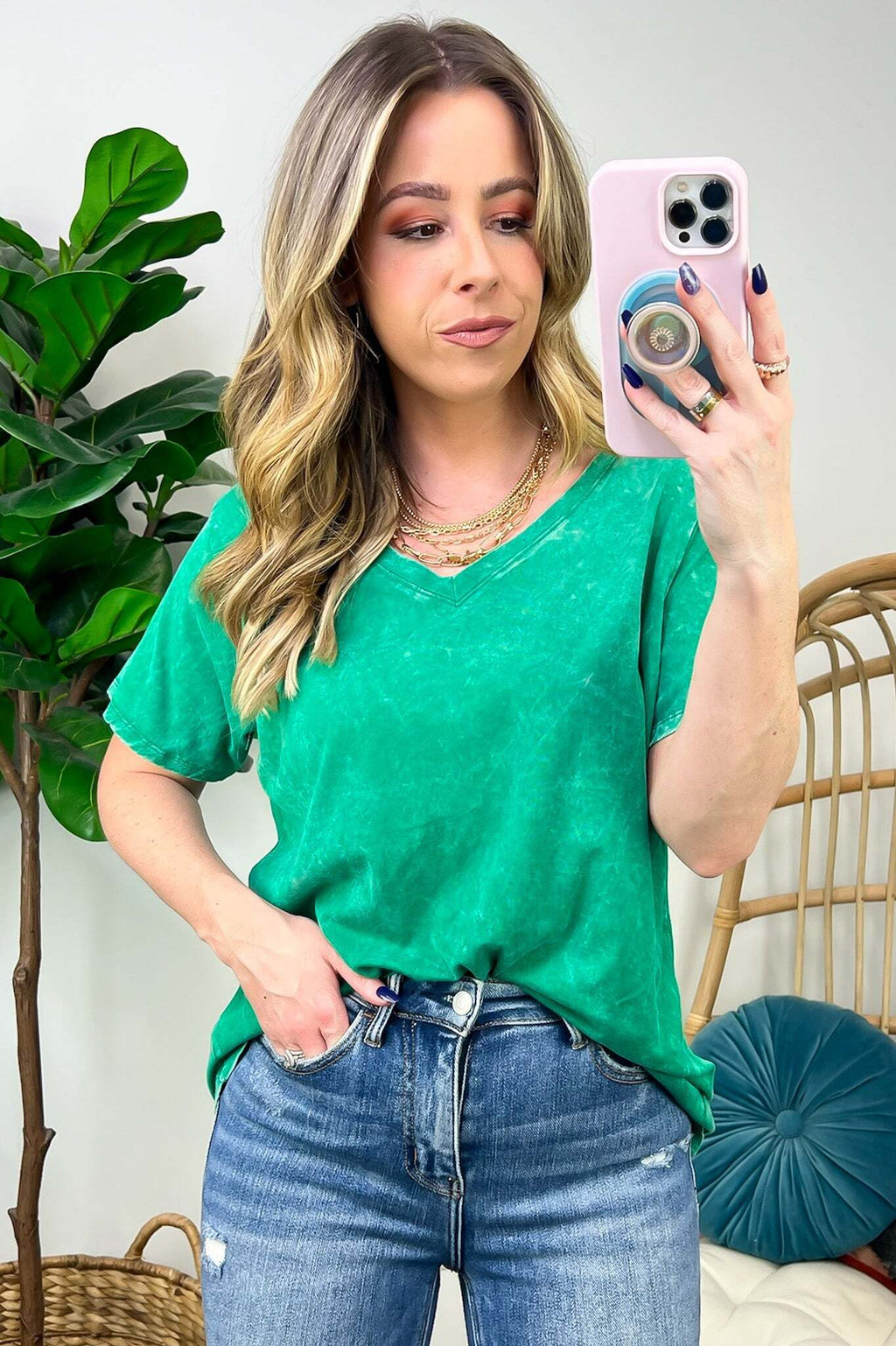 Soliel Acid Wash V-Neck Relaxed Fit Top - BACK IN STOCK