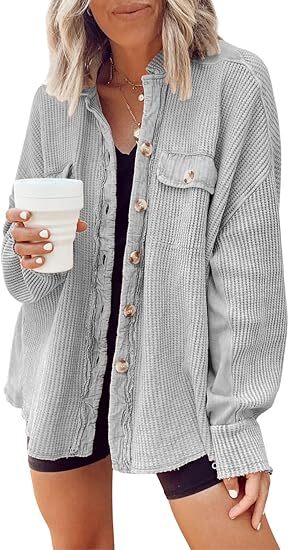 Women's Loose Fit Batwing Sleeve Waffle Knit Button Down Shirt Shacket Tops
