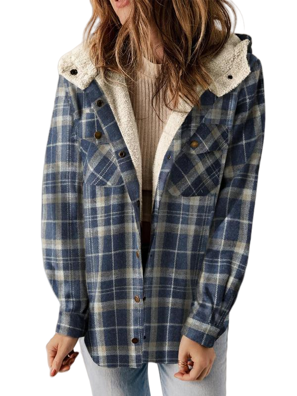 Ladies’ Plaid Hooded Button Coat – Cozy Fall/Winter