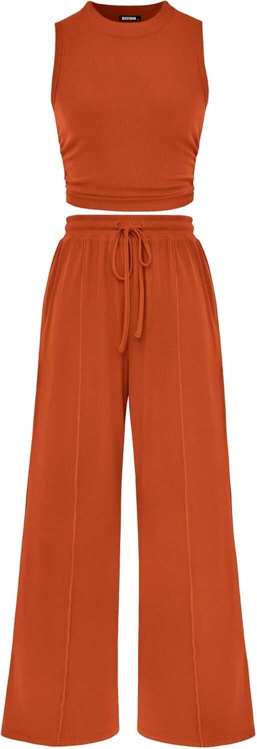 Women Summer 2 Piece Outfits 2025 Beach Crew Neck Sleeveless Cropped Top Elastic Waist Wide Leg Pants Lounge Set