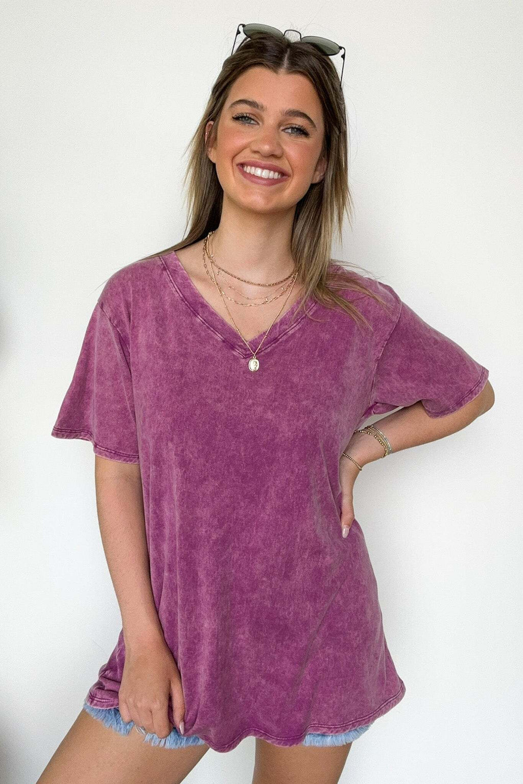 Soliel Acid Wash V-Neck Relaxed Fit Top - BACK IN STOCK