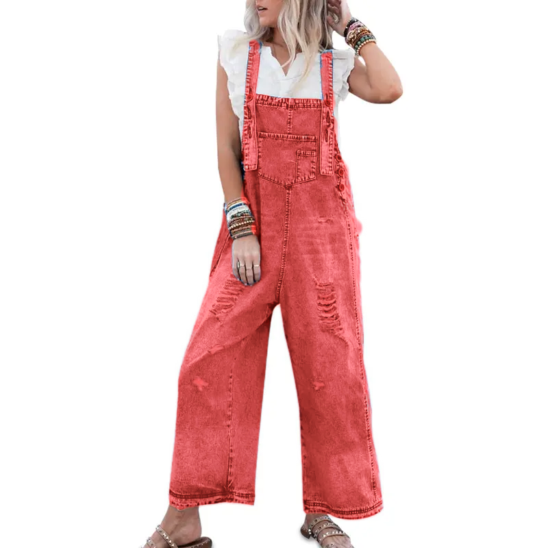 Women's Denim Overalls Casual Jumpsuits Loose Fit Adjustable Strap Distressed Bib Jeans Overall Jumpsuits