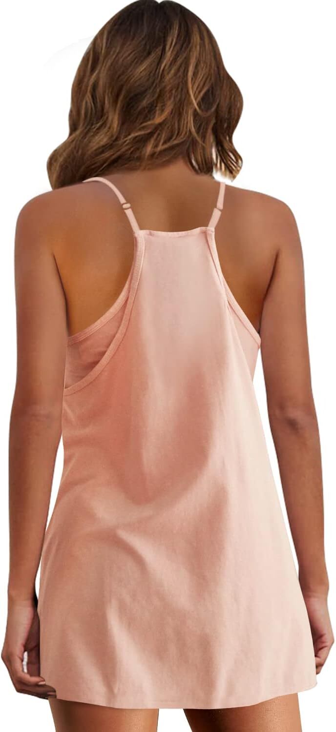 Womens Summer Sleeveless Mini Dress V Neck Spaghetti Strap Sundress Athletic Short Dress with Pockets