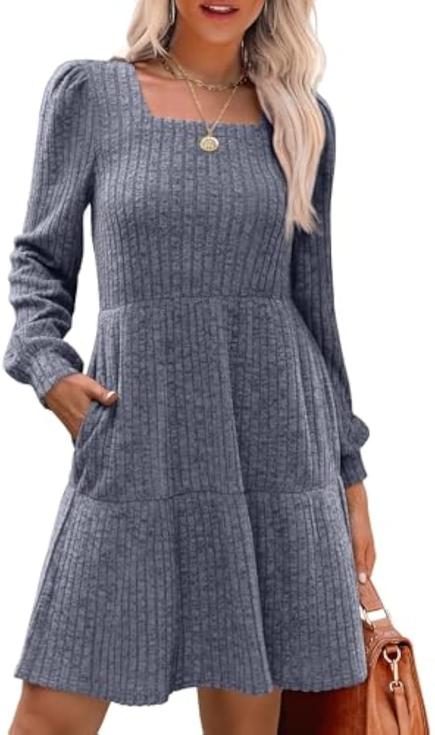 🔥Womens Square Neck Long Sleeve Fall Dresses Casual Babydoll Sweater Dress