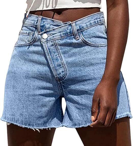 Womens High Waisted Vintage Crossover Denim Shorts with Stretch