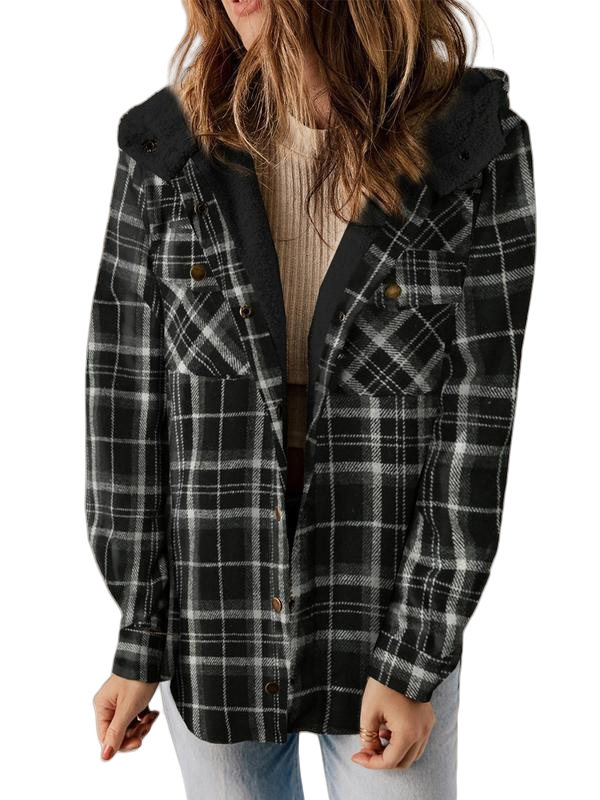Ladies’ Plaid Hooded Button Coat – Cozy Fall/Winter