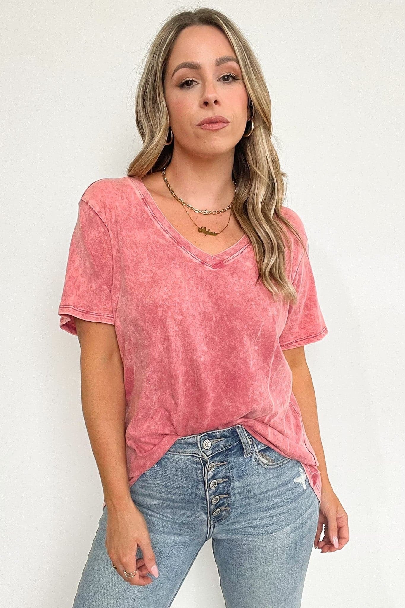 Soliel Acid Wash V-Neck Relaxed Fit Top - BACK IN STOCK