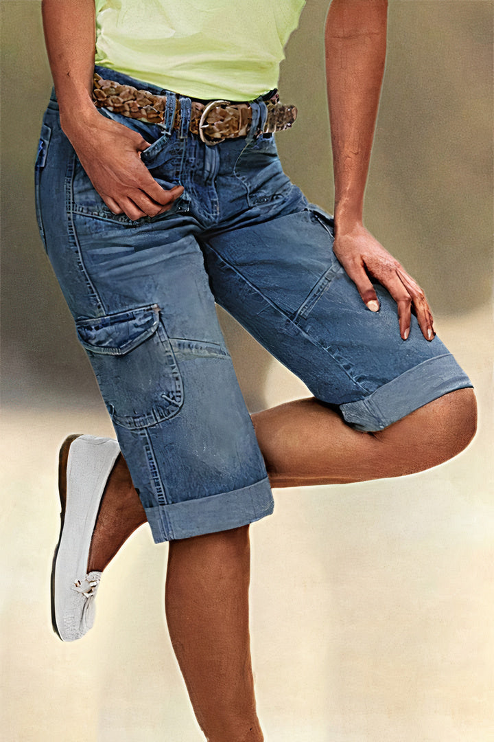 Flap Pocket Roll Hem Denim Bermuda Shorts Without Belt