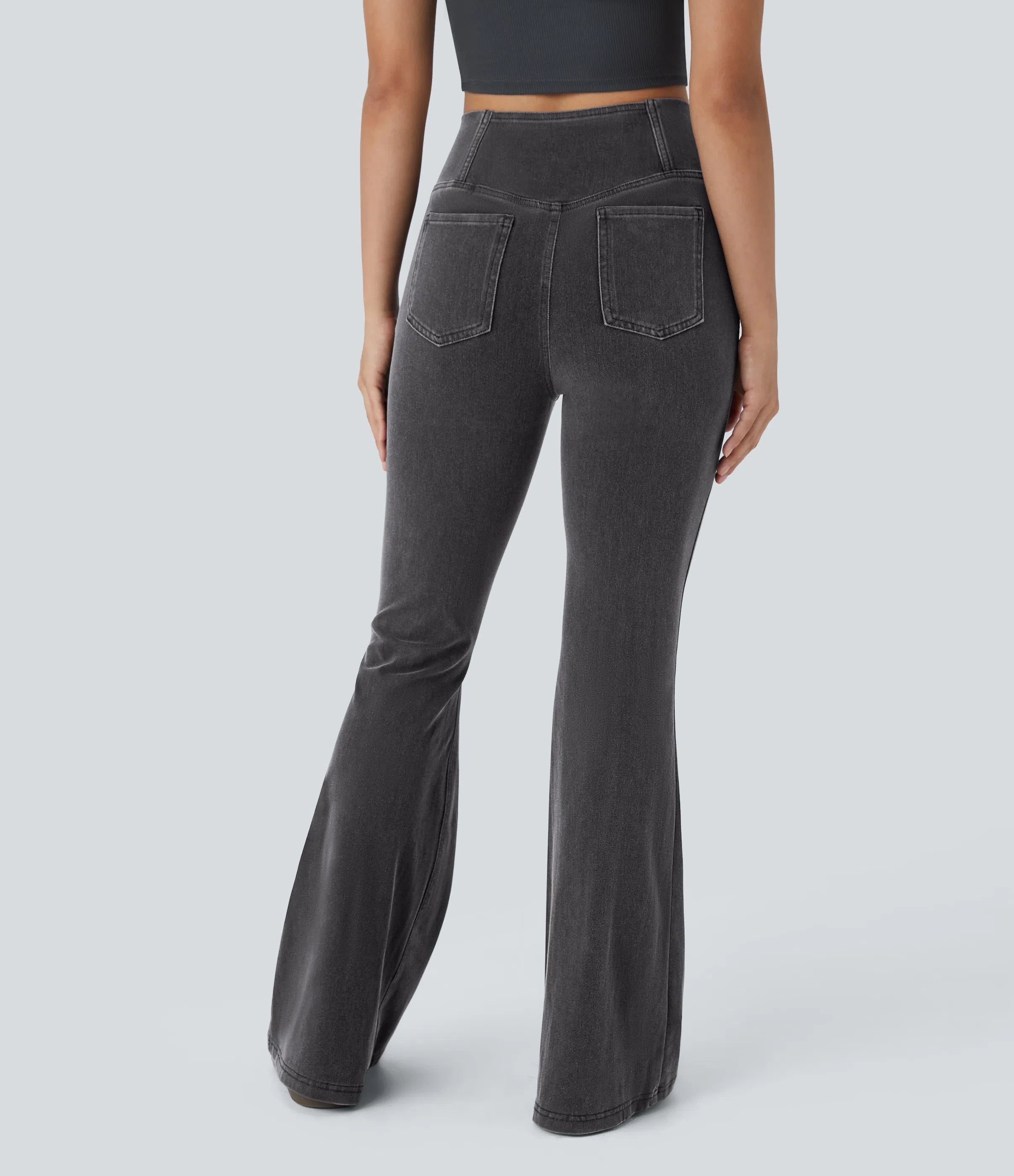 High Waisted Crossover Pocket Washed Stretchy Knit Casual Super Flare Jeans