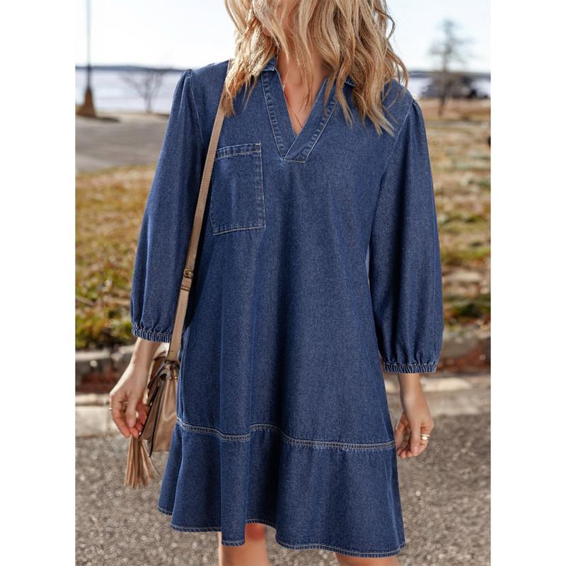 Denim Dress for Women Fashion Fall Casual Babydoll 2025 V Neck 3/4 Puff Sleeve Jean Dresses