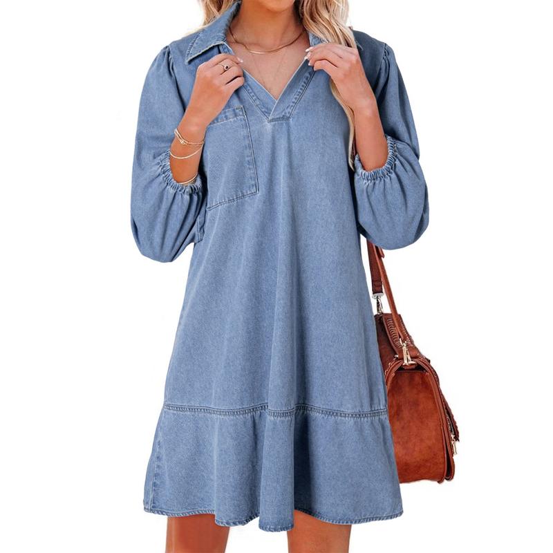Denim Dress for Women Fashion Fall Casual Babydoll 2025 V Neck 3/4 Puff Sleeve Jean Dresses