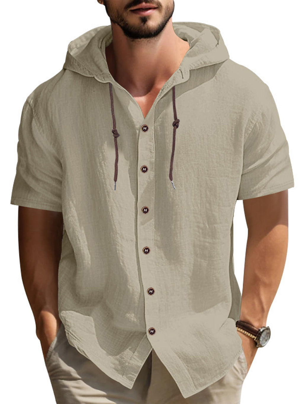Men's Summer Cotton Hooded Solid Color Short Sleeve Shirt