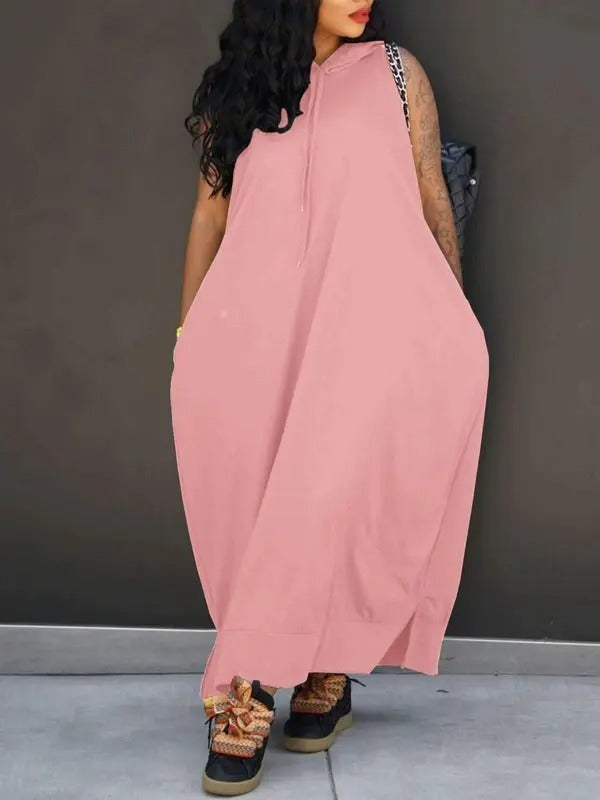 🔥Last day promotion⏰-Women's Plain Drawstring Hooded Tank Dress, Casual Pocket Sleeveless Maxi Dress for Summer, Fashion Women's Clothing for Daily Wear