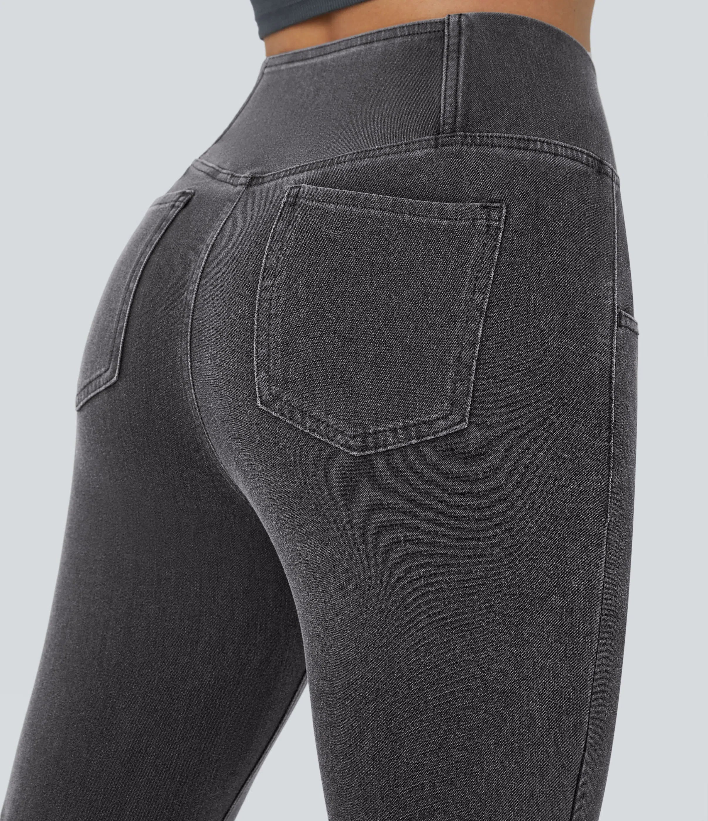 High Waisted Crossover Pocket Washed Stretchy Knit Casual Super Flare Jeans