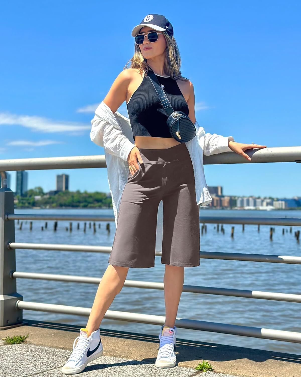 Capri Pants for Women -Knee Length Wide Leg Yoga Capris Dressy Casual Summer Crop Pants with Pockets