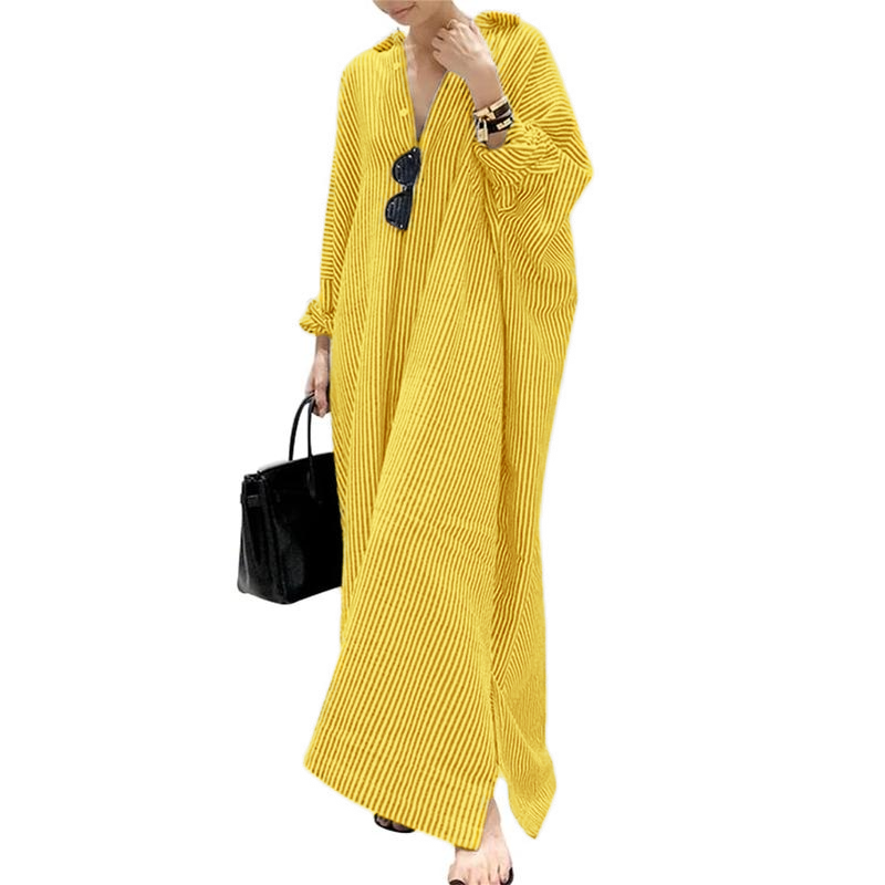 Women's Casual Long Sleeve Button Down Loose Striped Cotton Maxi Shirt Dress