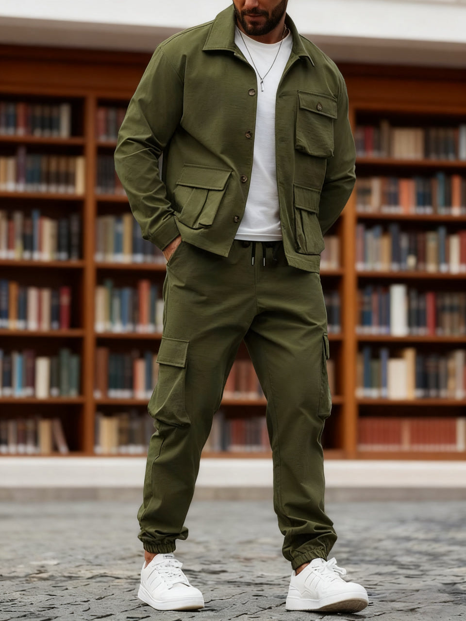 💥Clearance sale! Men's Solid Color Pocket Button Front Shirt & Pants Two-Piece Set, Casual Long Sleeve Collar Top & Trousers Set, Men's Spring & Fall Clothes